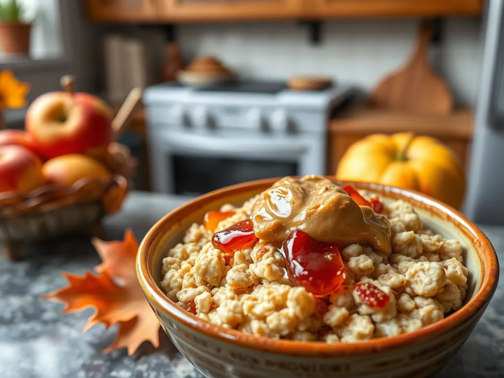Bowl of microwave peanut butter jelly oatmeal topped with peanut butter and jelly, ideal for a quick meal.