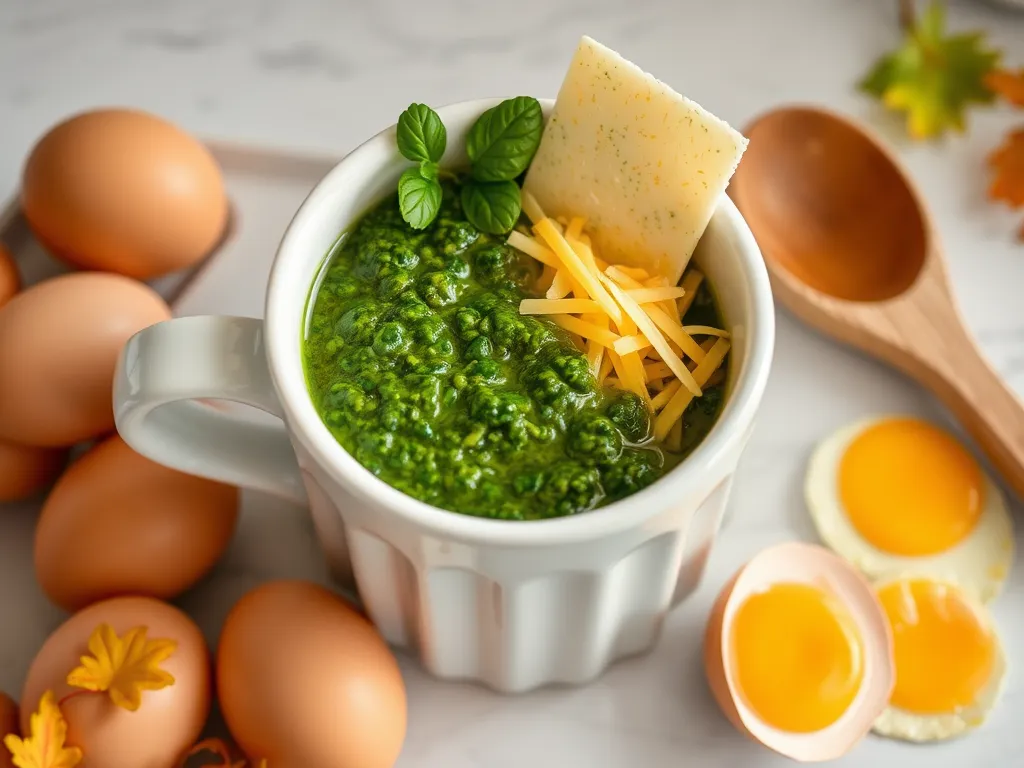 Delicious 2-Minute Microwave Pesto Egg Mug made with fresh eggs, pesto, and cheese for a quick Keto meal.