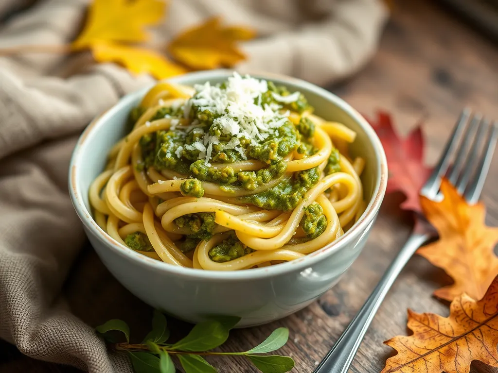 Delicious microwave pesto pasta topped with cheese, ready in 2 minutes.
