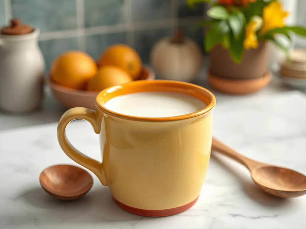 A yellow mug filled with a creamy mixture, perfect for a microwave pina colada.