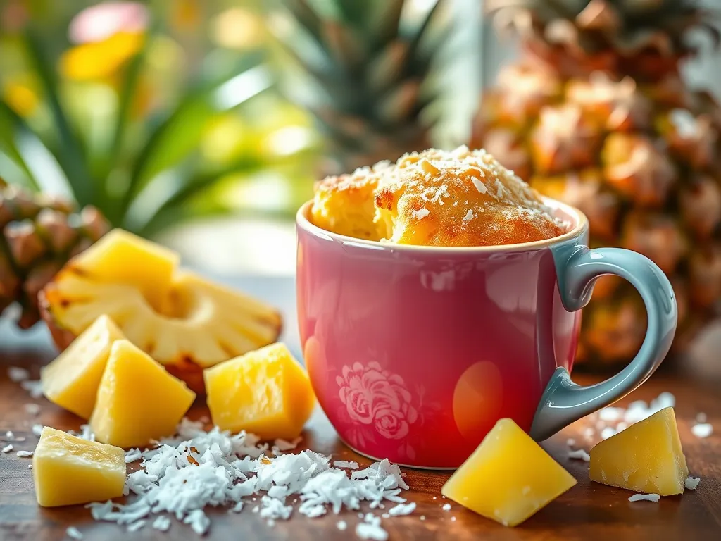 Delicious microwave pineapple coconut mug filled with pineapple and coconut, surrounded by fresh ingredients.