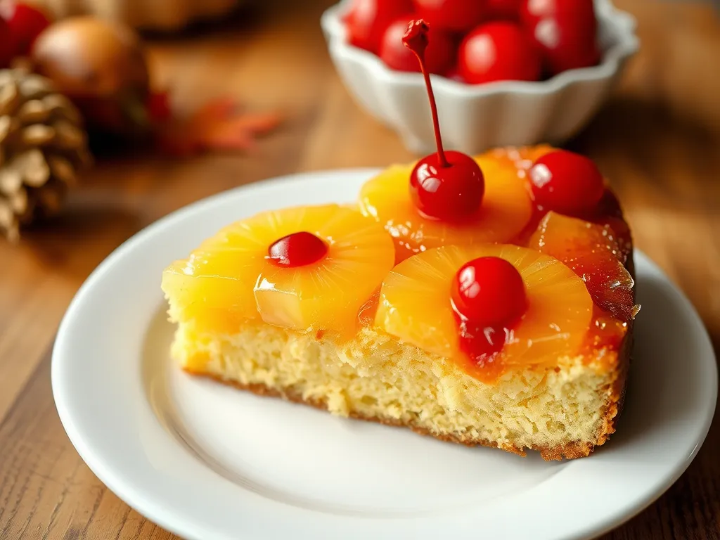 Slice of microwave pineapple upside-down cake topped with cherries and pineapple rings