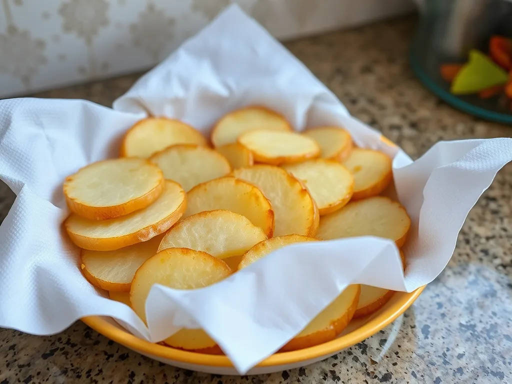A plate of microwave potato slices ready for quick baking in the microwave.