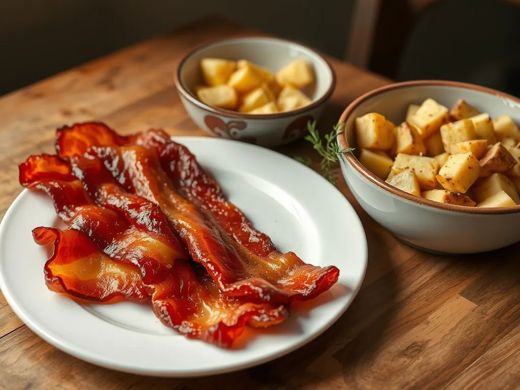 Plate of lazy microwave pre-cooked bacon served with canned diced parsnips in bowls.