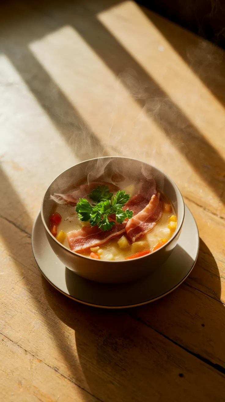 Bowl of steaming soup topped with lazy microwave pre-cooked bacon and parsley.