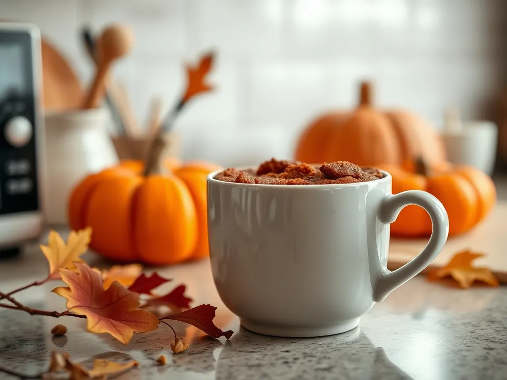 A cozy microwave pumpkin chai mug with spices and autumn decor.
