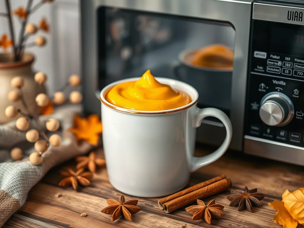 Delicious microwave pumpkin custard mug topped with creamy pumpkin puree, surrounded by autumn spices.