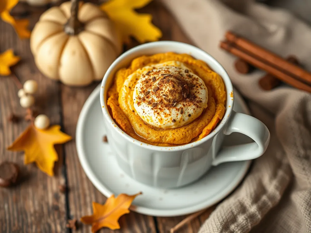 Delicious 2-Minute Microwave Pumpkin Mug Cake topped with whipped cream and spices