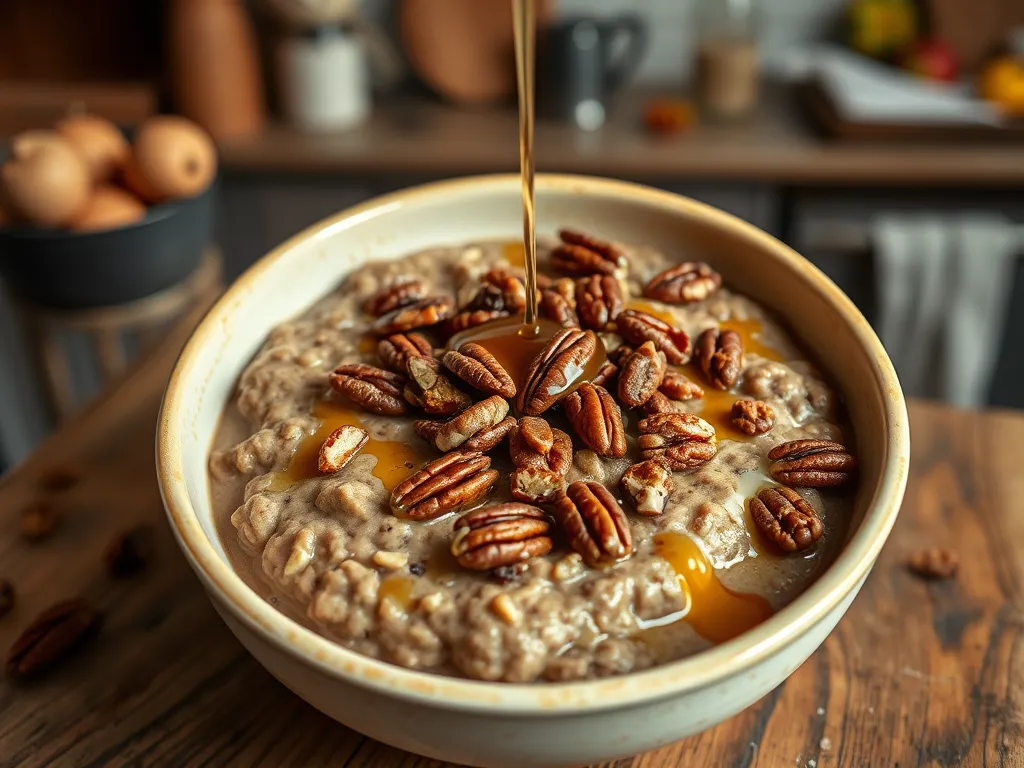 Bowl of microwave pumpkin pie oats topped with pecans and a drizzle of syrup