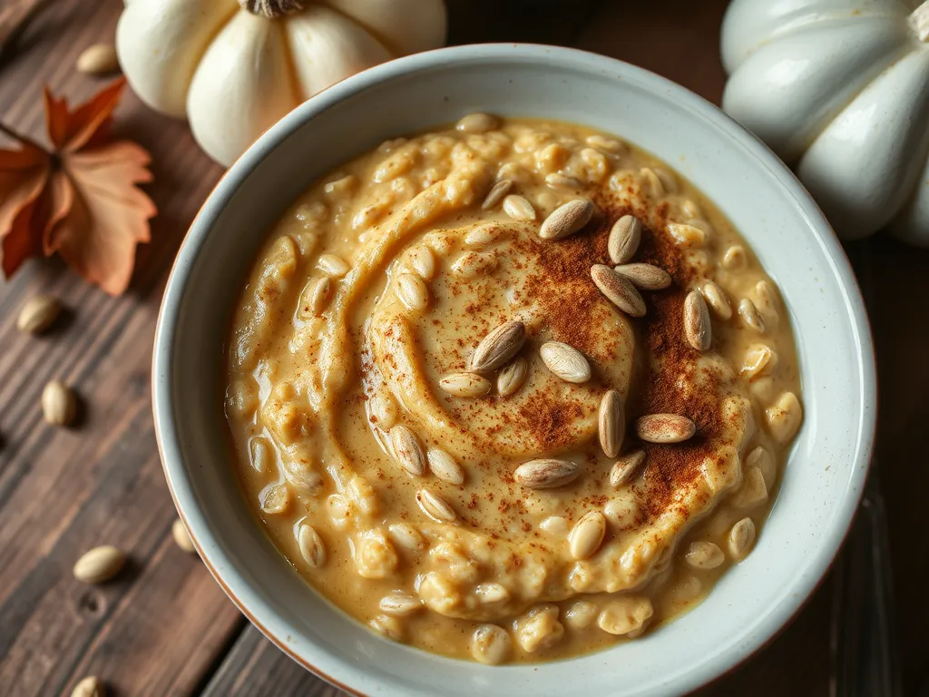 Delicious microwave pumpkin spice oatmeal topped with pumpkin seeds and cinnamon