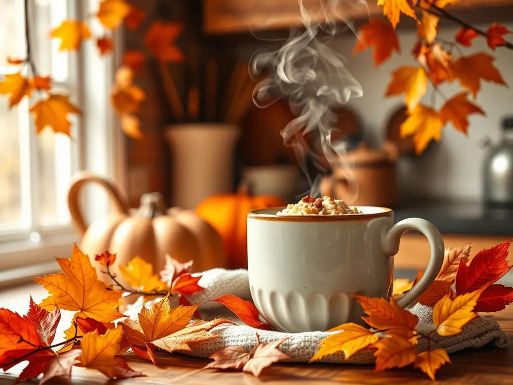 A steaming cup of pumpkin spice oatmeal surrounded by autumn leaves, perfect for quick fall breakfasts.