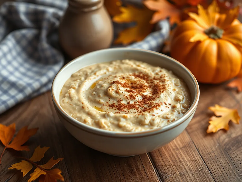 Delicious microwave pumpkin spice oats topped with cinnamon, surrounded by fall decor
