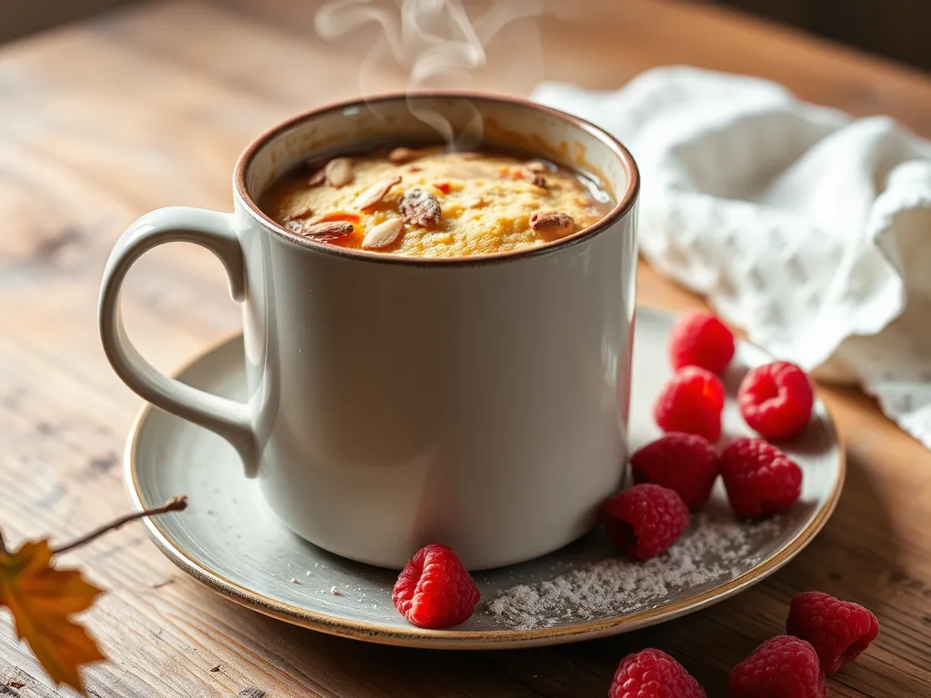 Delicious microwave raspberry almond mug with steaming batter and fresh raspberries