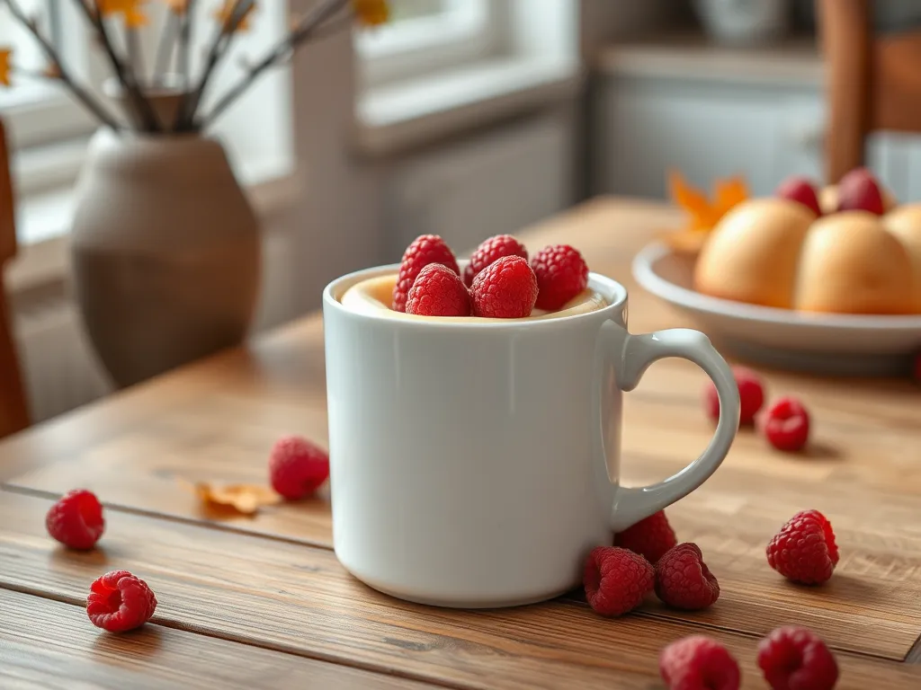A delicious microwave raspberry cheesecake mug topped with fresh raspberries.