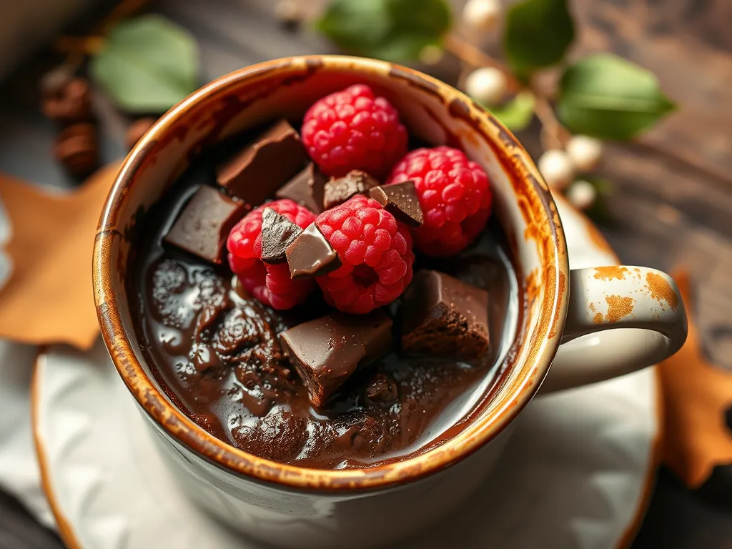 Delicious 2-Minute Microwave Raspberry Chocolate Mug Brownie topped with fresh raspberries and chocolate chunks.