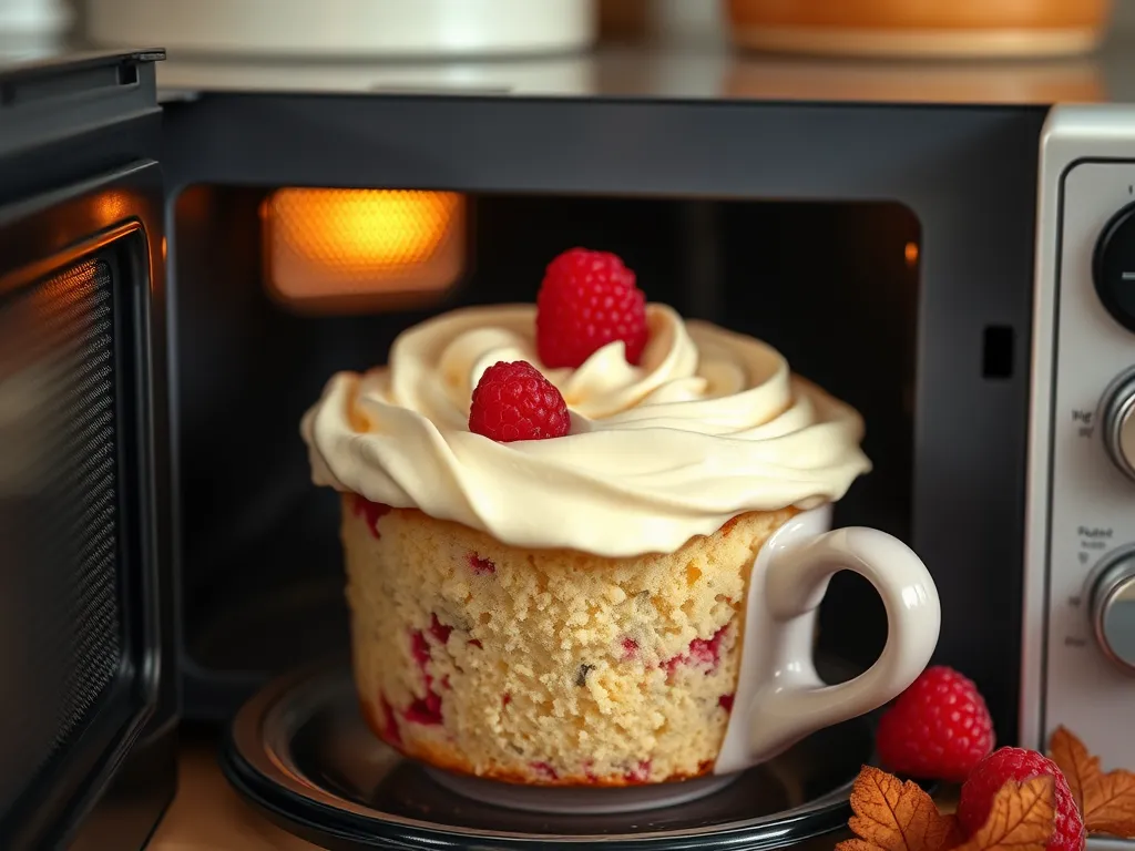 Delicious microwave raspberry vanilla mug cake topped with cream and raspberries