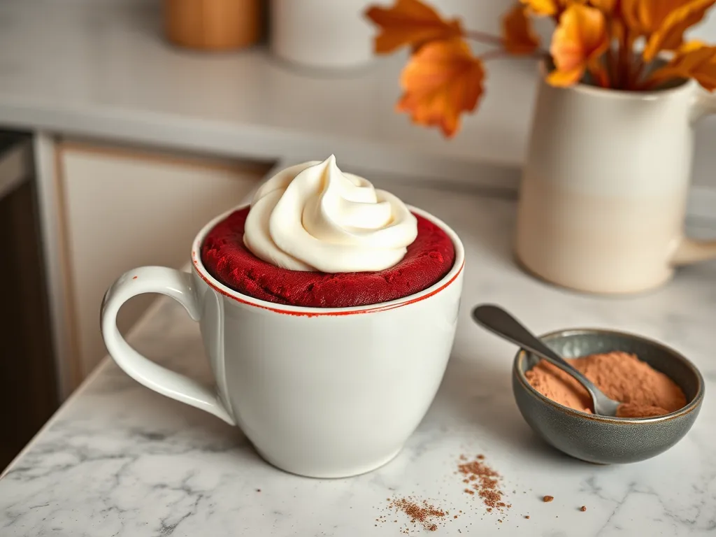 Delicious 2-Minute Microwave Red Velvet Mug Cake topped with dairy-free whipped cream