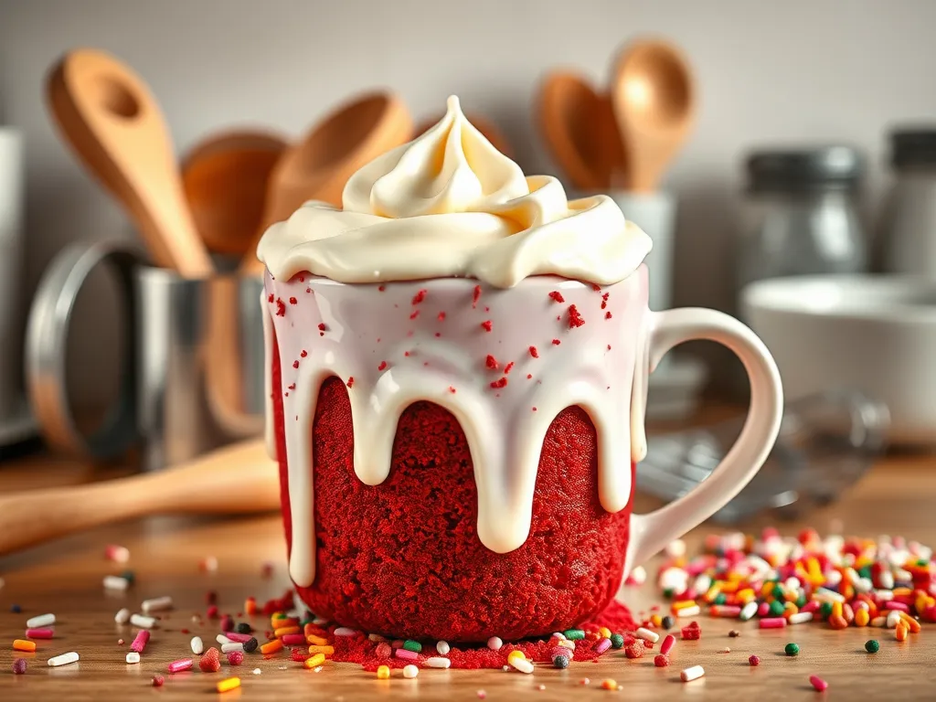 A scrumptious microwave red velvet mug cake topped with cream and sprinkles.