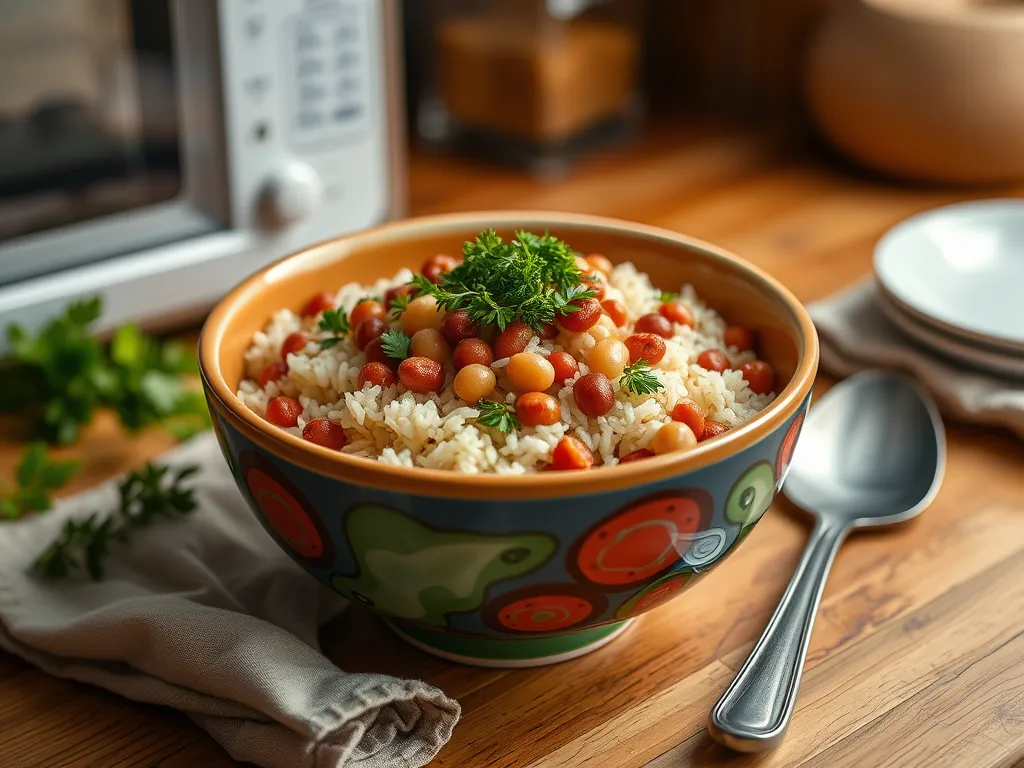 A colorful bowl of microwave rice and beans topped with parsley