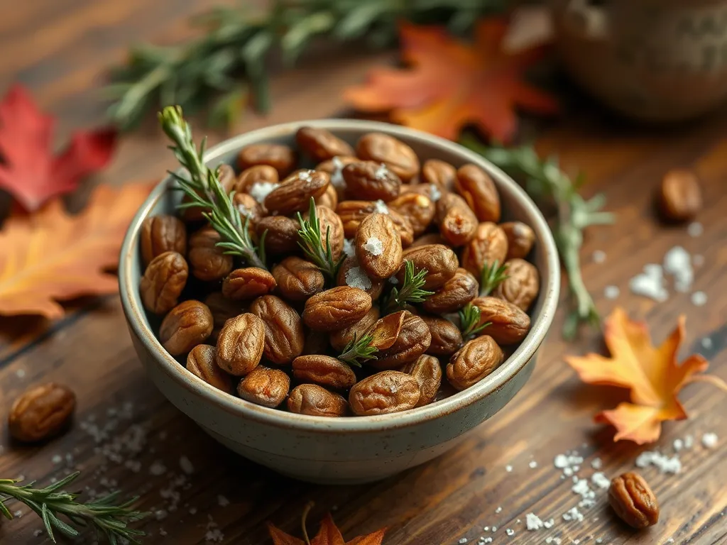 Bowl of quick microwave rosemary nuts garnished with fresh rosemary leaves, perfect for snacking.