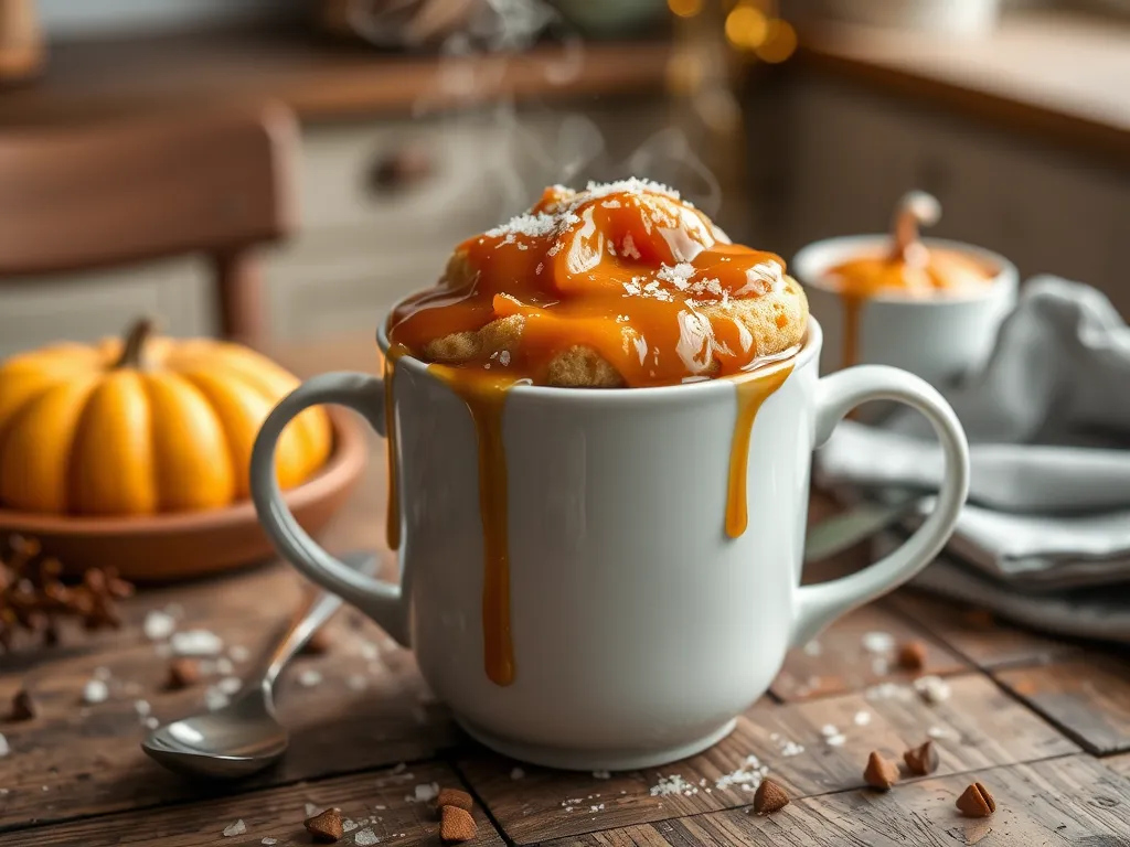 Indulge in a warm microwave salted caramel mug dessert topped with rich caramel.