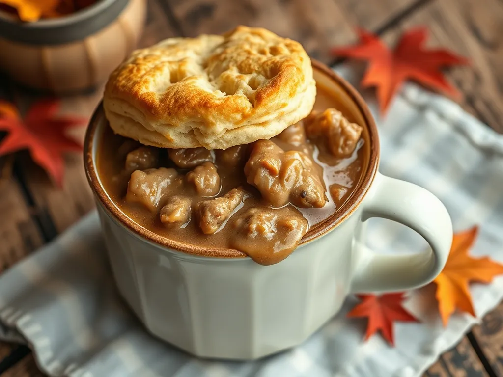 A delicious 2-Minute Microwave Sausage Gravy Biscuit Mug topped with a flaky biscuit.