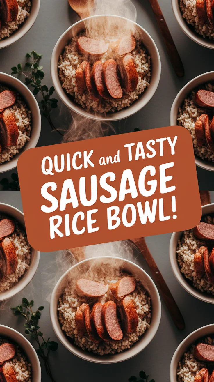 Delicious lazy microwave pre-cooked sausage served over instant rice in a bowl