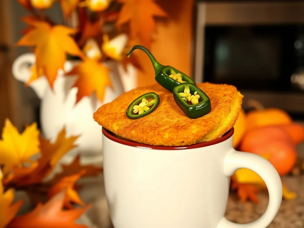 Delicious 2-Minute Microwave Savory Cornbread Mug topped with jalapeños