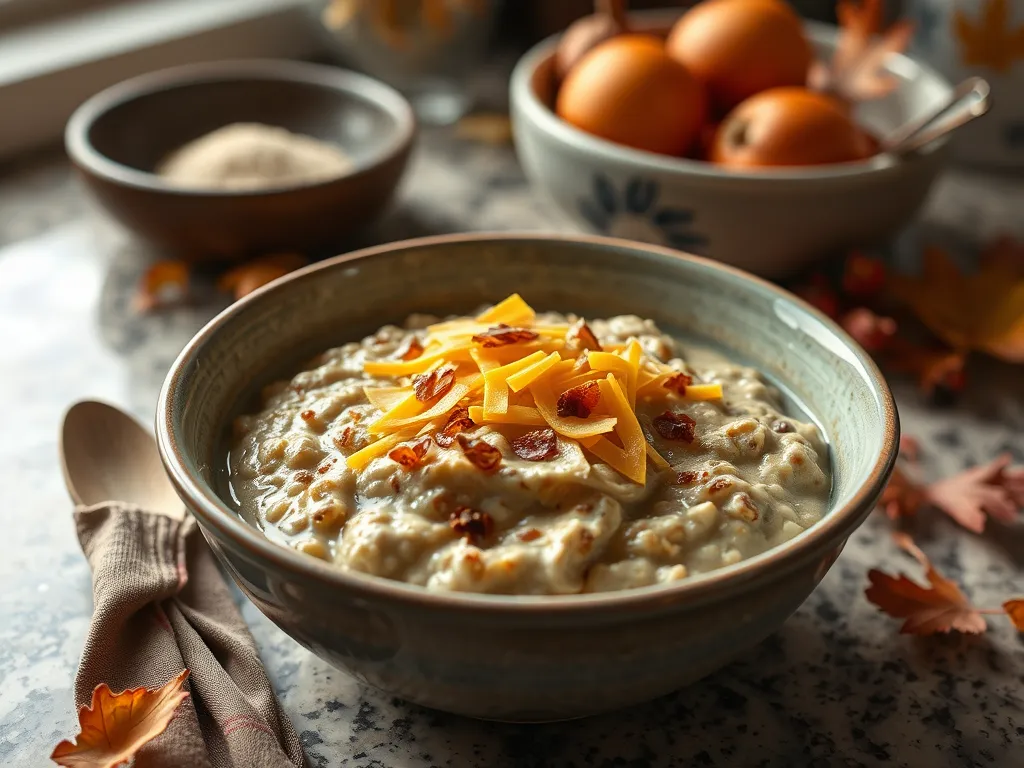 Bowl of 2-Minute Microwave Savory Oatmeal topped with cheese and bacon bits