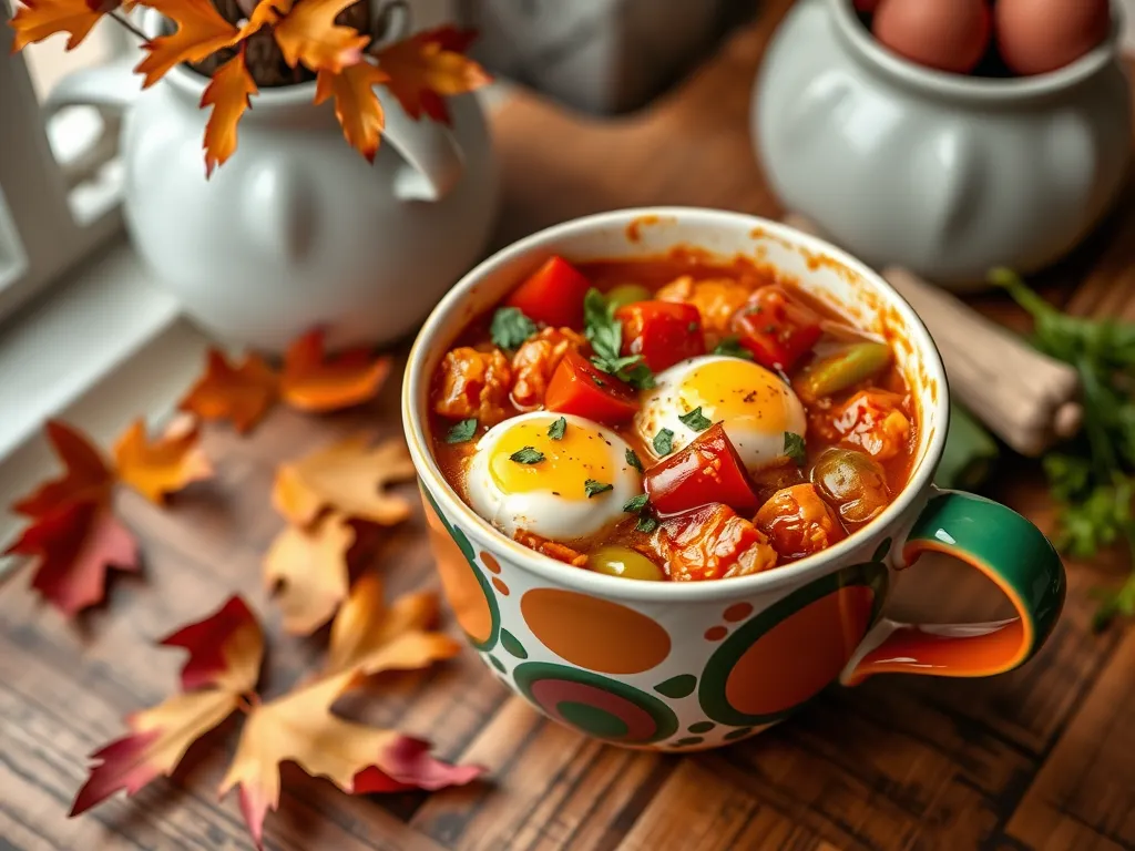 Vegetarian 2-Minute Microwave Shakshuka in a Colorful Mug