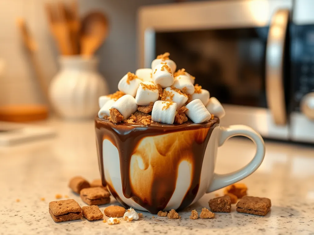 Delicious 2-Minute Microwave S’mores Mug Cake topped with graham crackers and marshmallows