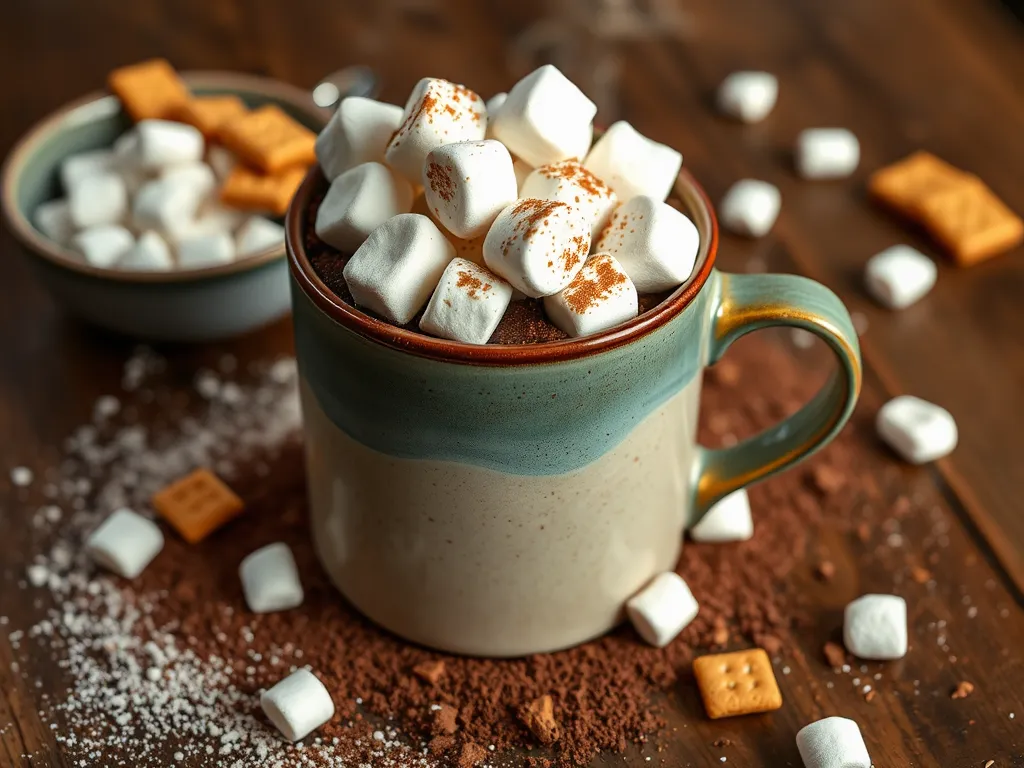 A mug filled with a microwave s'mores mug cake topped with marshmallows and chocolate.