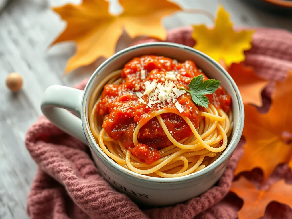 Delicious cheap microwave spaghetti in a mug with tomato sauce, garnished with cheese and herbs.