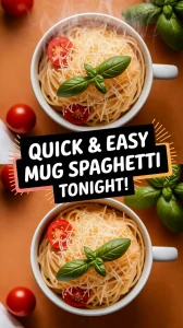 Delicious cheap microwave spaghetti in a mug topped with tomatoes and basil.