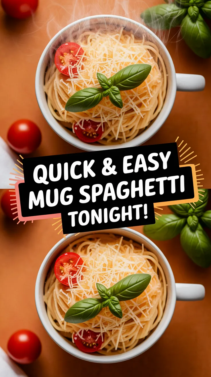 Delicious cheap microwave spaghetti in a mug topped with tomatoes and basil.