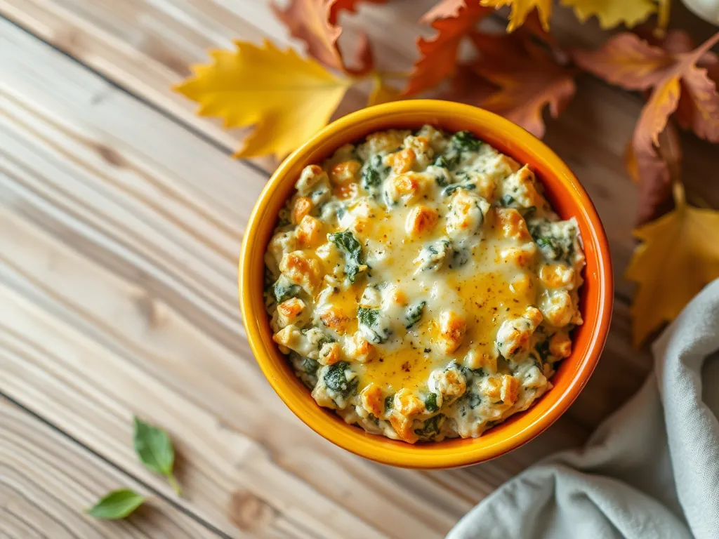 Creamy microwave spinach artichoke dip in an orange bowl surrounded by autumn leaves