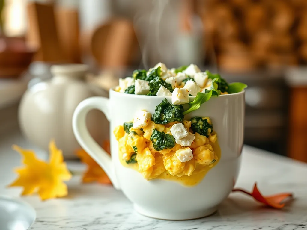 Delicious 2-Minute Microwave Spinach & Feta Egg Mug with steaming eggs and fresh spinach.