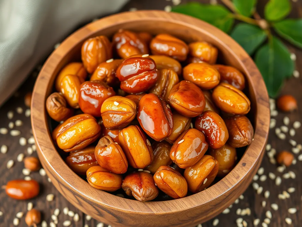 Delicious microwave sriracha honey coated nuts in a wooden bowl