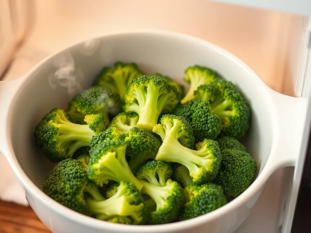 Fresh broccoli steaming in a bowl, demonstrating how to pre-chop vegetables faster using a microwave steam trick.