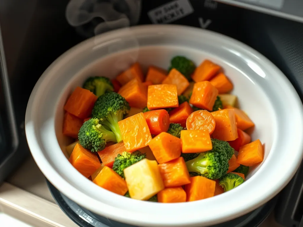 Pre-chopped vegetables in a microwave for steaming to save time.