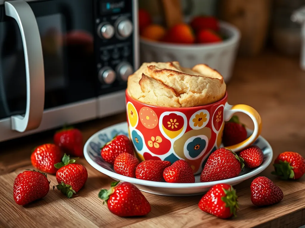 Delicious microwave strawberry banana mug cake topped with fresh strawberries.
