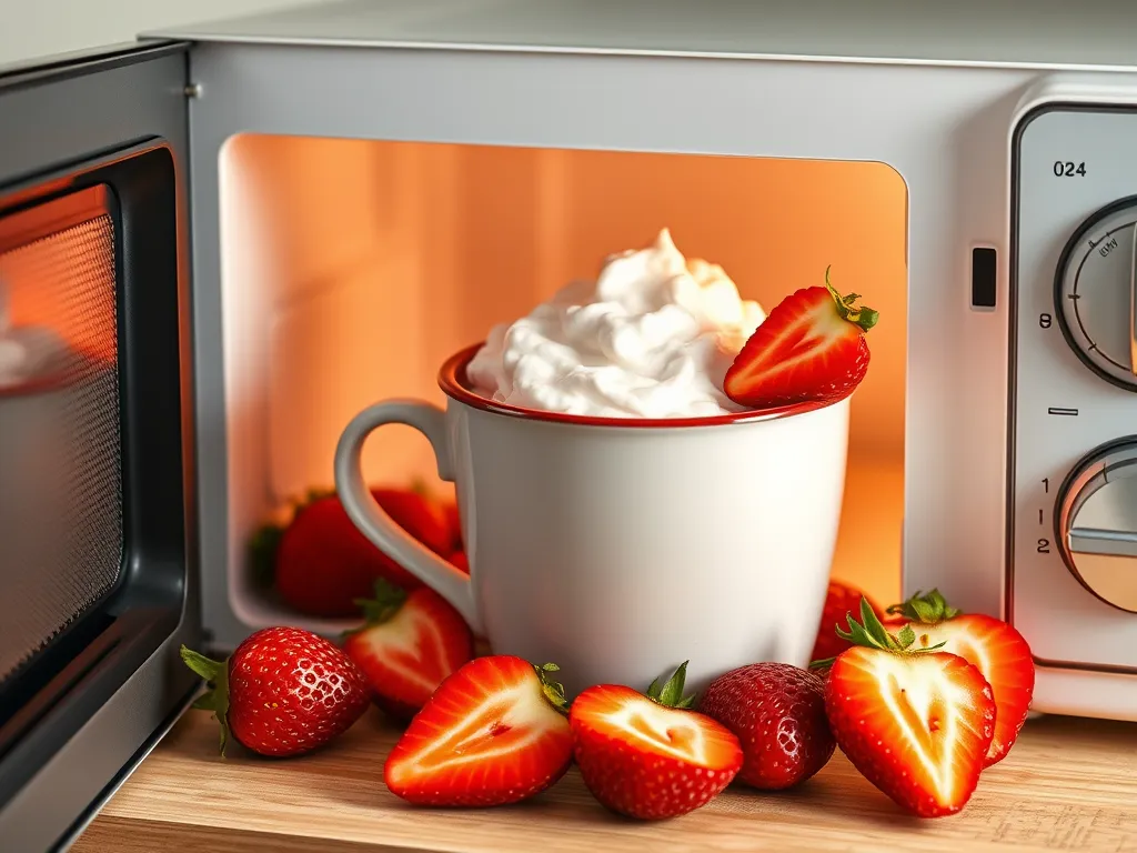 Microwave strawberry cream mug with fresh strawberries