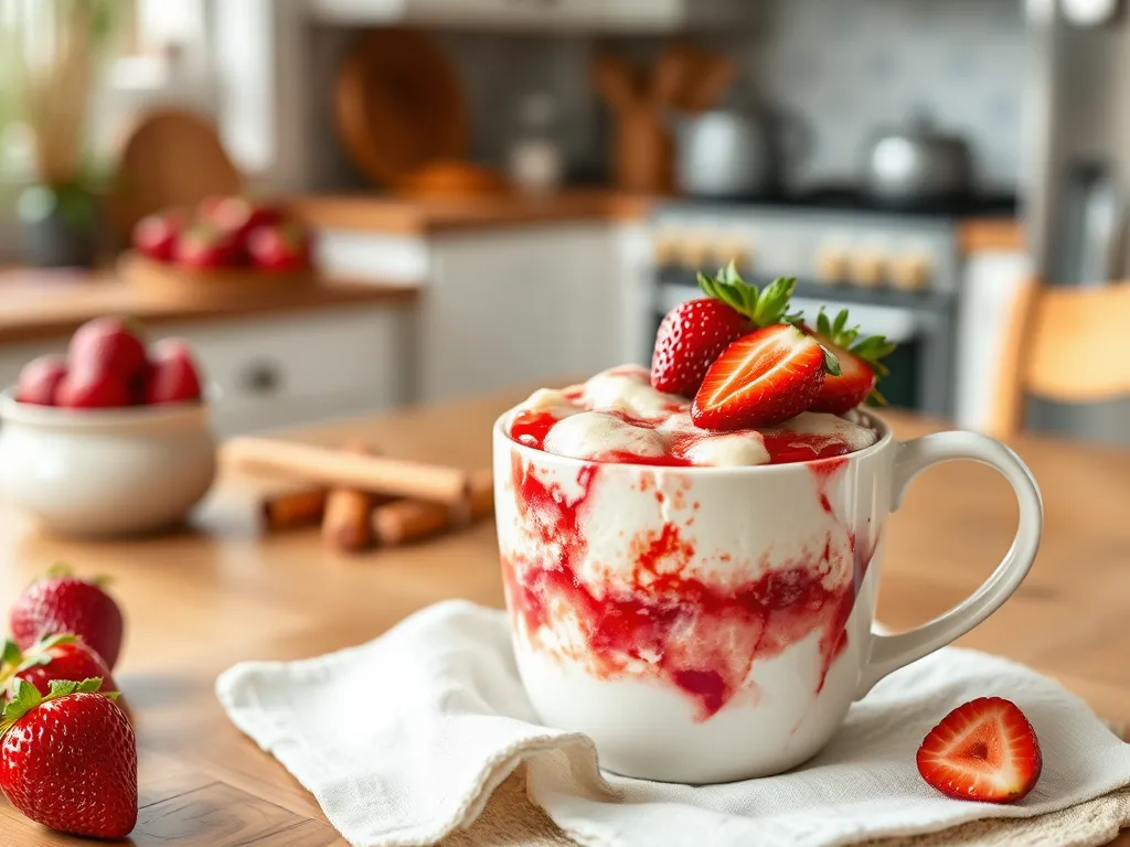 Delicious microwave strawberry rhubarb mug dessert topped with fresh strawberries