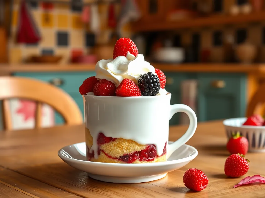 Delicious microwave strawberry shortcake mug topped with fresh berries and whipped cream.