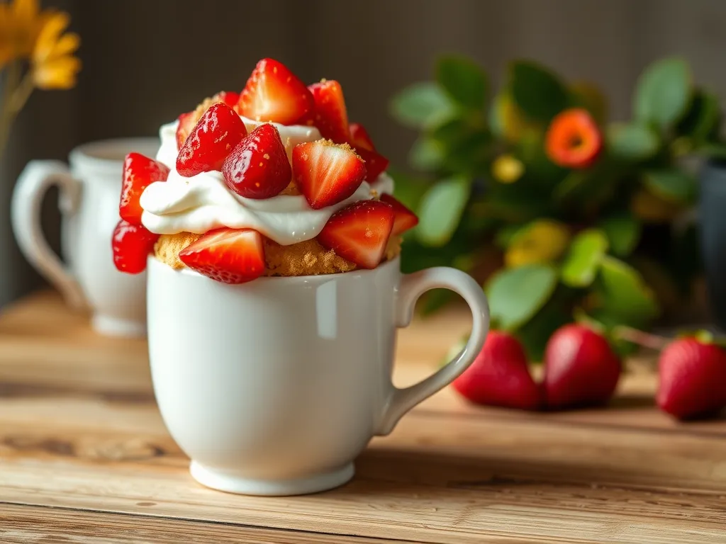 Delicious 2-Minute Microwave Strawberry Shortcake Mug topped with fresh strawberries and whipped cream.