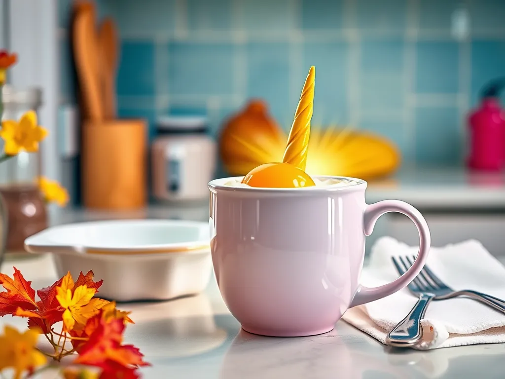 Step-by-step guide to making sunny side up eggs in the microwave using a cute mug.