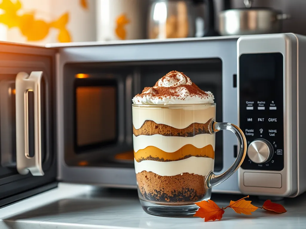 Delicious microwave tiramisu mug dessert with layers of cream and chocolate