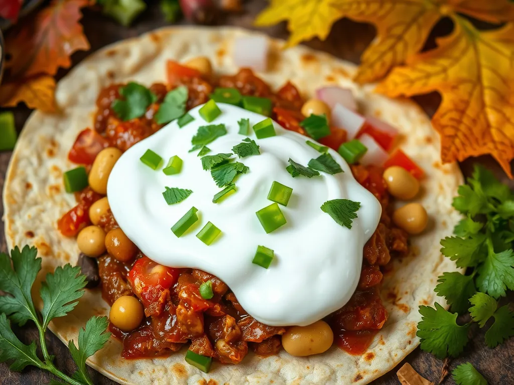 A microwave tortilla topped with canned chili, sour cream, and fresh herbs, perfect for a quick meal.