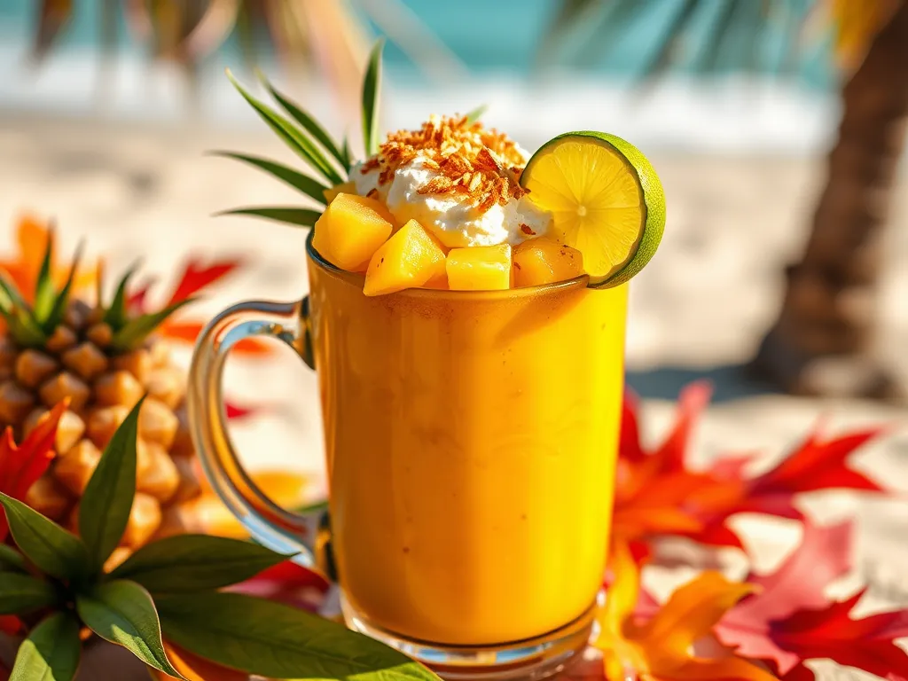 A vibrant tropical smoothie in a clear mug, topped with pineapple, lime, and coconut.