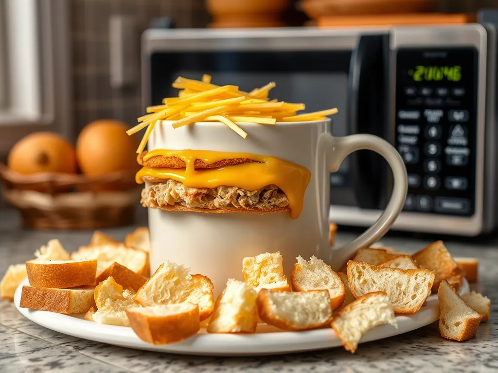 Delicious cheap microwave tuna melt mug topped with cheese and surrounded by toast.